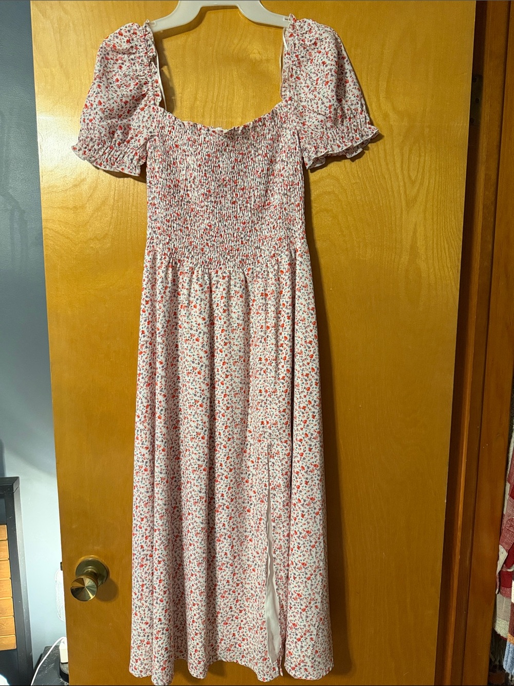 Smocked Midi Dress in White with Red Floral Print